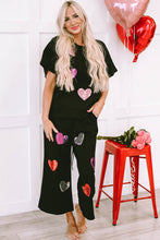 将图片加载到图库查看器，Black Sequin Heart Popping Graphic Textured 2pcs Outfit
