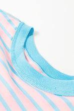 Cargar imagen en el visor de la galería, Sky Blue Stripe Oversized Contrast Trim Exposed Seam High Low T Shirt
