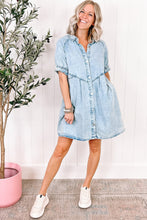 Load image into Gallery viewer, Medium Grey Mineral Wash Ruffled Short Sleeve Buttoned Denim Dress
