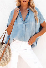 Load image into Gallery viewer, Sky Blue Split V Neck Oversized Denim Blouse
