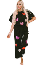 将图片加载到图库查看器，Black Sequin Heart Popping Graphic Textured 2pcs Outfit
