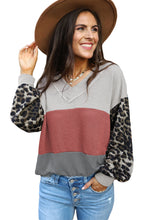 将图片加载到图库查看器，Fiery Red Wild Leopard Contrast Sleeve Colorblock Waffle Knit Top
