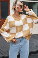 Load image into Gallery viewer, Khaki Checkered Bishop Sleeve Sweater
