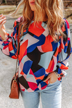 将图片加载到图库查看器，Abstract Pattern Crewneck Ruffled Puff Sleeve Blouse
