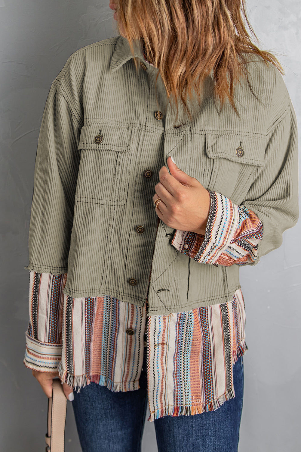 Green Button Up Pockets Striped Color Block Corduroy Jacket