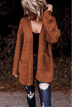 将图片加载到图库查看器，Brown Open Front Woven Texture Knitted Cardigan with Pockets
