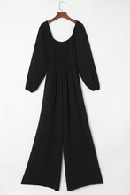 将图片加载到图库查看器，Black Smocked Square Neck Long Sleeve Wide Leg Jumpsuit
