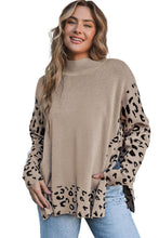 将图片加载到图库查看器，Khaki Leopard High Neck Side Slit Oversized Sweater
