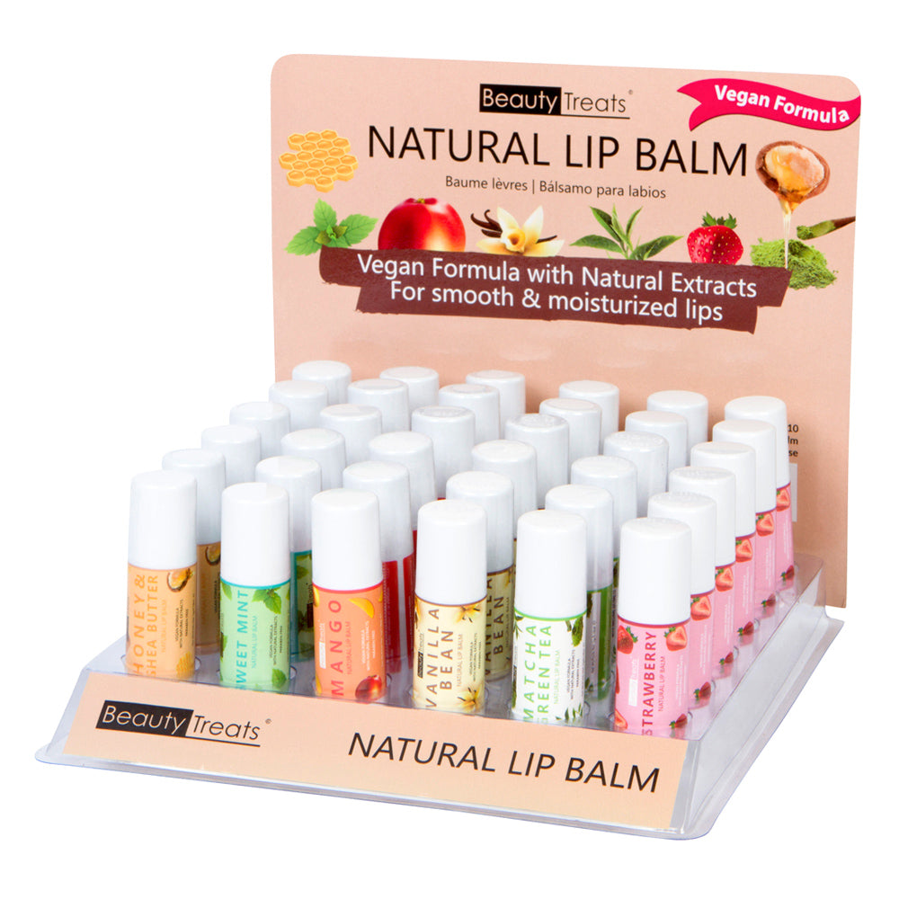 -Natural Lip Balm formulated with natural extracts for smooth & moisturized lips.  -6 Flavors in Display: Honey & Shea Butter, Sweet Mint, Mango, Vanilla Bean, Matcha Green Tea, Strawberry. The best price and deal w/ Bonitawholesale.com
