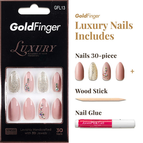Elegance is at your fingertips with Gold Finger’s Luxury Handcrafted Design Nails. These dramatic nails have a burgundy ombre and gold glitter design. They have a medium mountain peak tip that looks good on every hand. Lavishly handcrafted with 3D jewels, these luxurious nails last for over 7 days The best price, deal  and quality w/ Bonitawholesale.com