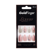 Load image into Gallery viewer, Elegance is at your fingertips with Gold Finger’s Luxury Handcrafted Design Nails. These dramatic nails have a burgundy ombre and gold glitter design. They have a medium mountain peak tip that looks good on every hand. Lavishly handcrafted with 3D jewels, these luxurious nails last for over 7 days The best price, deal and quality w/ Bonitawholesale.com
