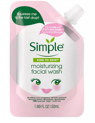 Simple Kind to Skin Moisturizing Facial Wash - 1.69 fl oz, 1 DZ Simple Moisturizing Face Wash provides a gentle yet thorough cleanse so you can use daily without irritation This facial wash helps maintain skin's natural barrier, leaving skin soft, moisturized and replenished. This means it works well with any skin type, even sensitive skin This face cleanser is cleverly infused with bisabolol from chamomile, known to soothe and calm skin along with pro-vitamin B5 and vitamin E. The best price and deal w/ Bo