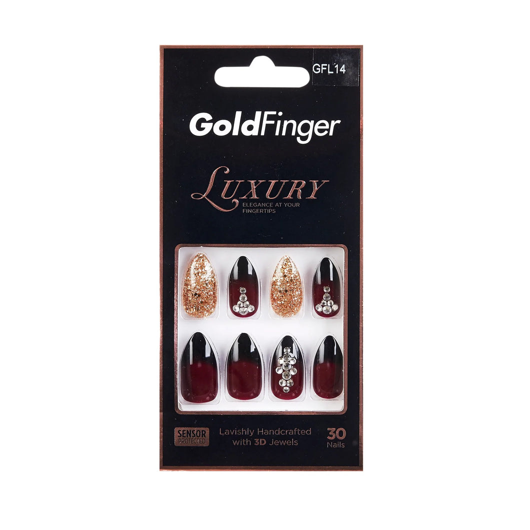 Elegance is at your fingertips with Gold Finger’s Luxury Handcrafted Design Nails. These dramatic nails have a burgundy ombre and gold glitter design. They have a medium mountain peak tip that looks good on every hand. Lavishly handcrafted with 3D jewels, these luxurious nails last for over 7 days. The best price , deal and quality w/ Bonitawholesale.com