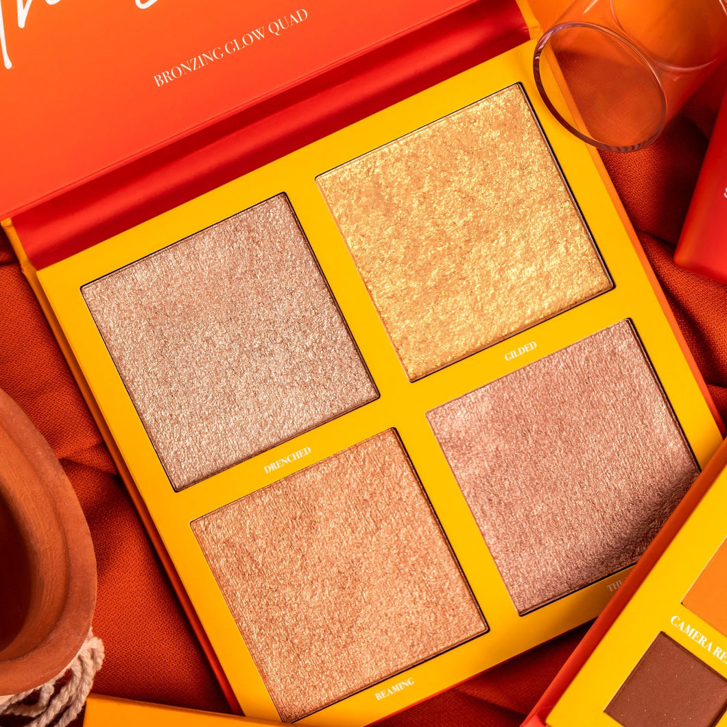 This highlight palette is made for the babes who love to glow! The shades are made for every skin tone:  – Drenched: Muted bronze tone – Gilded: Gold tone – Beaming: Copper tone – The View: Rose gold tone. The best price and deal w/ Bonitawholesale.com